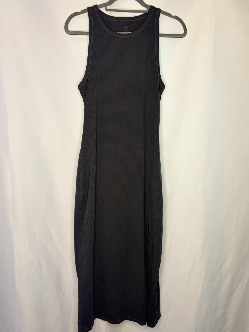 Aerie Open Back Ribbed Midi Dress Charcoal Gray Side Slit Size Large
